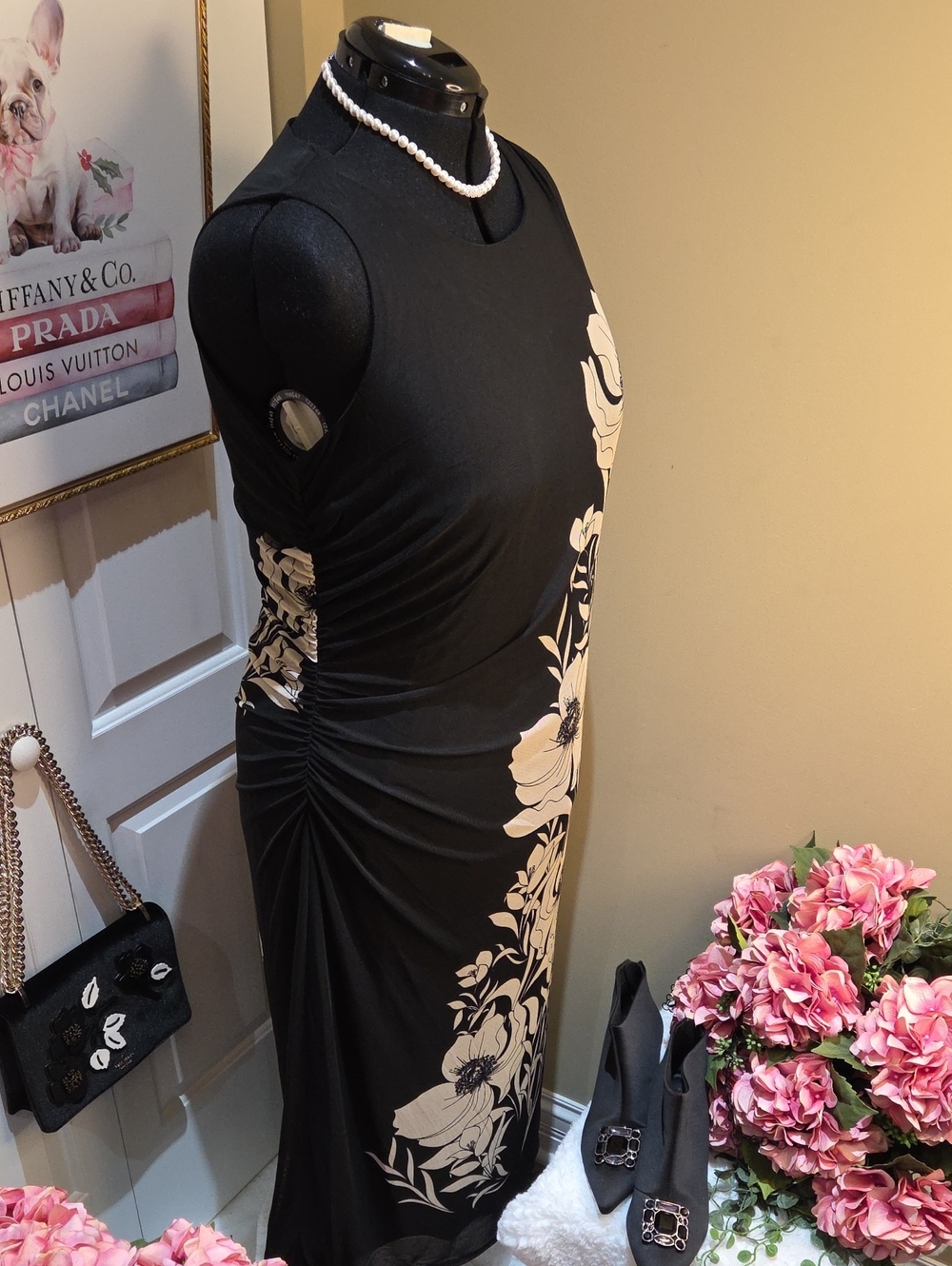 Nwt 2X Rachel Zoe Black Maxi Dress with Cream Floral Motif - Picture 5 of 16